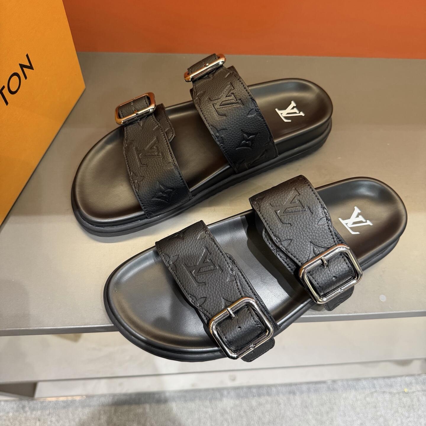 Black Embossed Monogram Buckle Slide Sandals