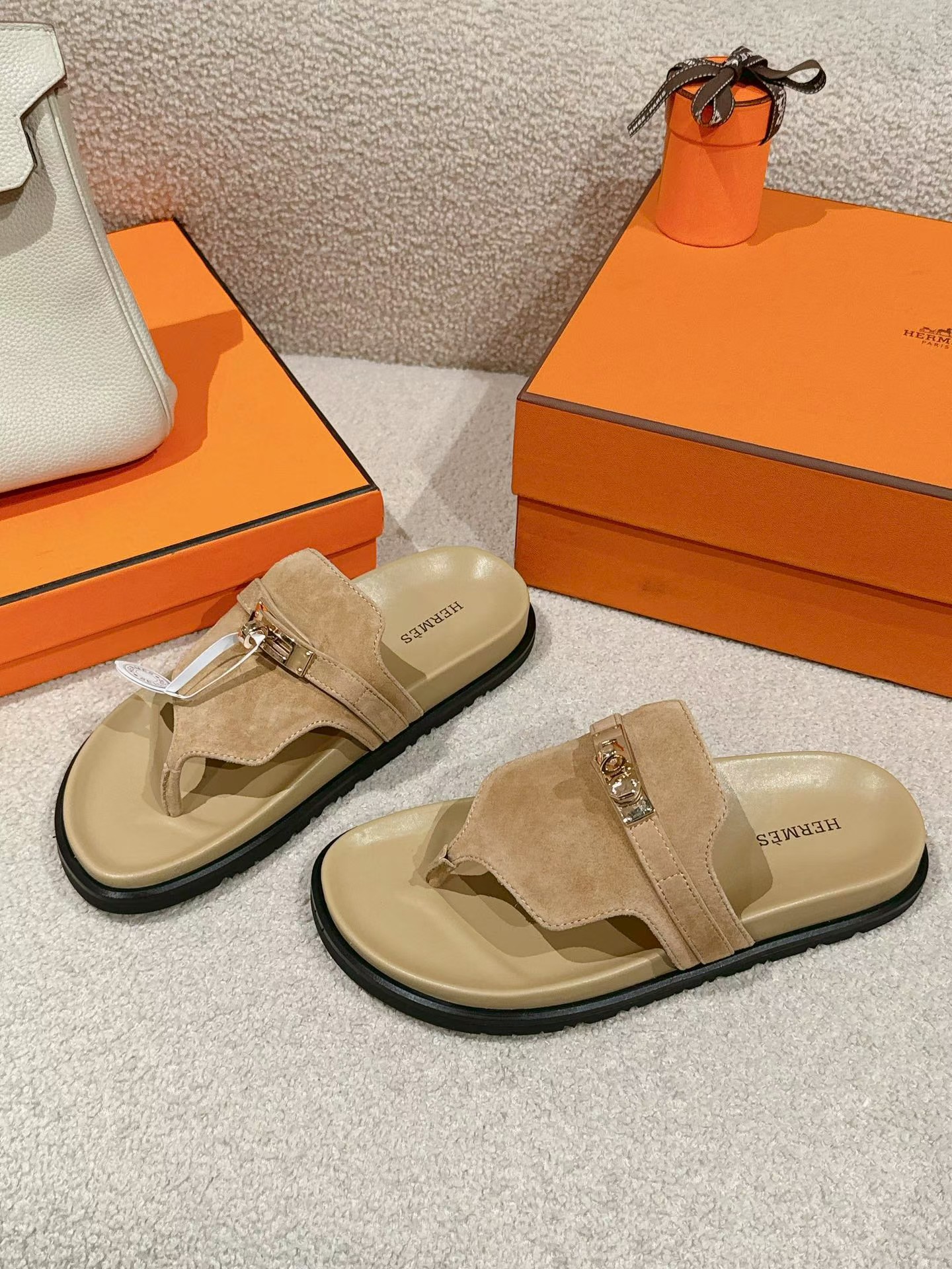 Hermès Suede Buckle Toe-Loop Sandals