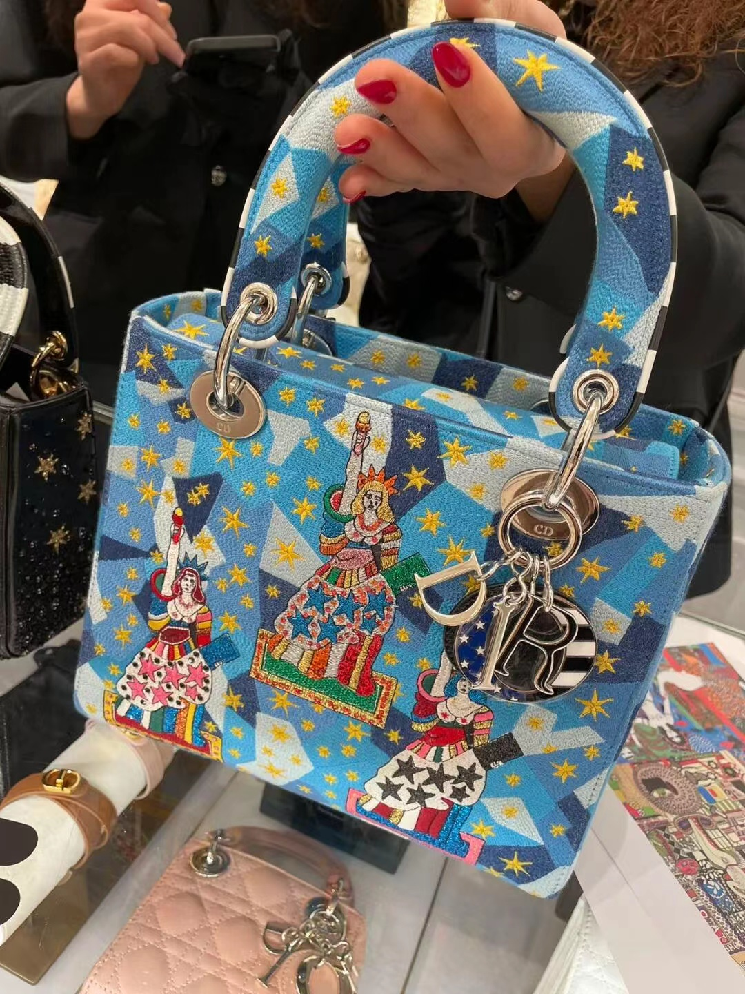 Blue Star and Figure Embroidered Top-Handle Bag