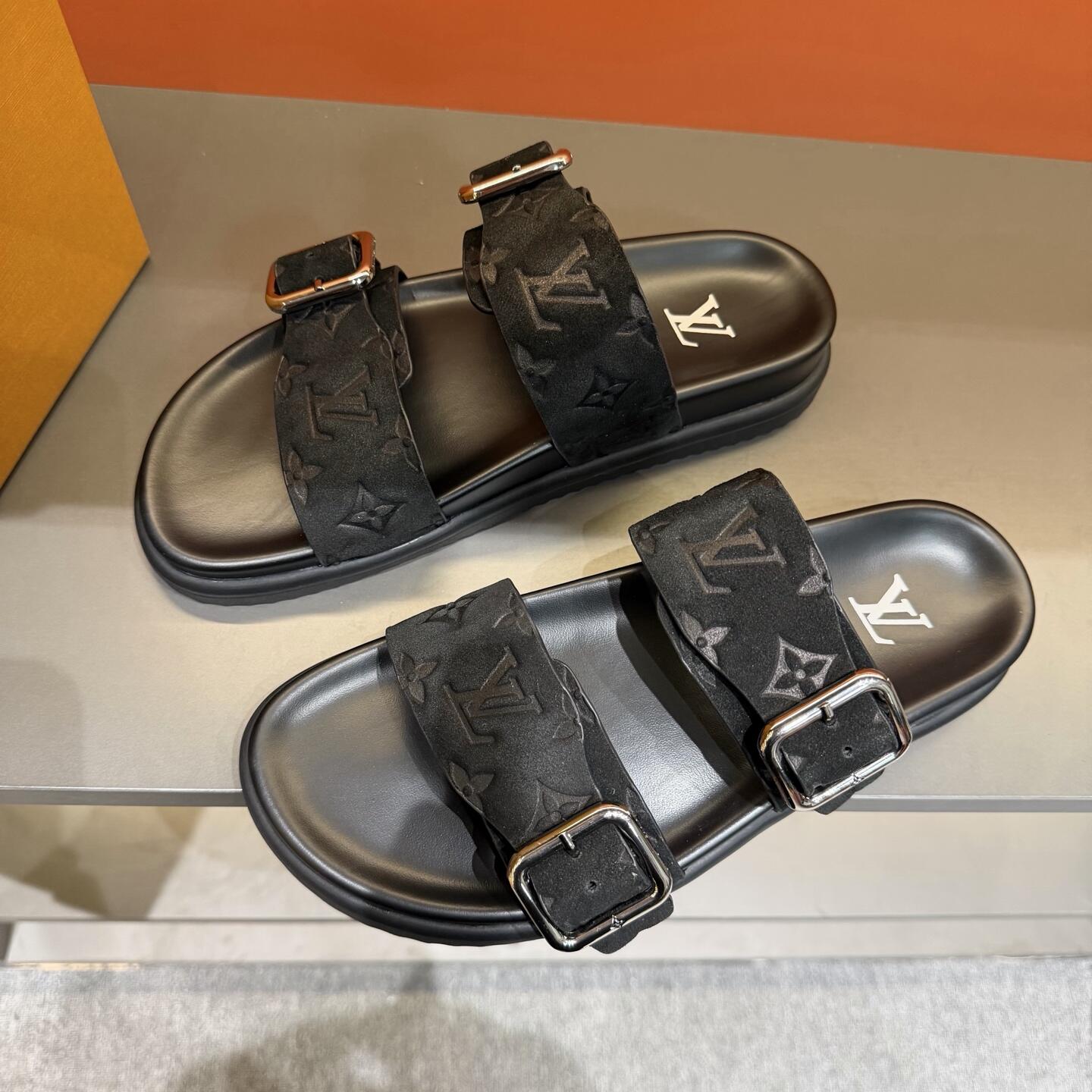 Black Tonal Monogram Buckle Slide Sandals