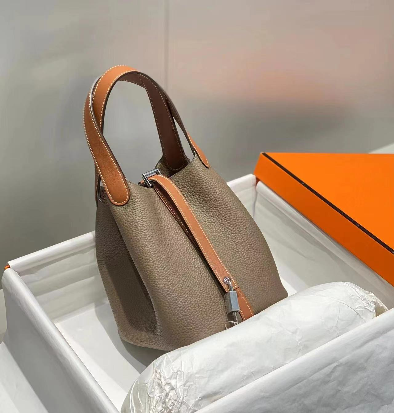 Two-Tone Picotin-Style Bucket Handbag