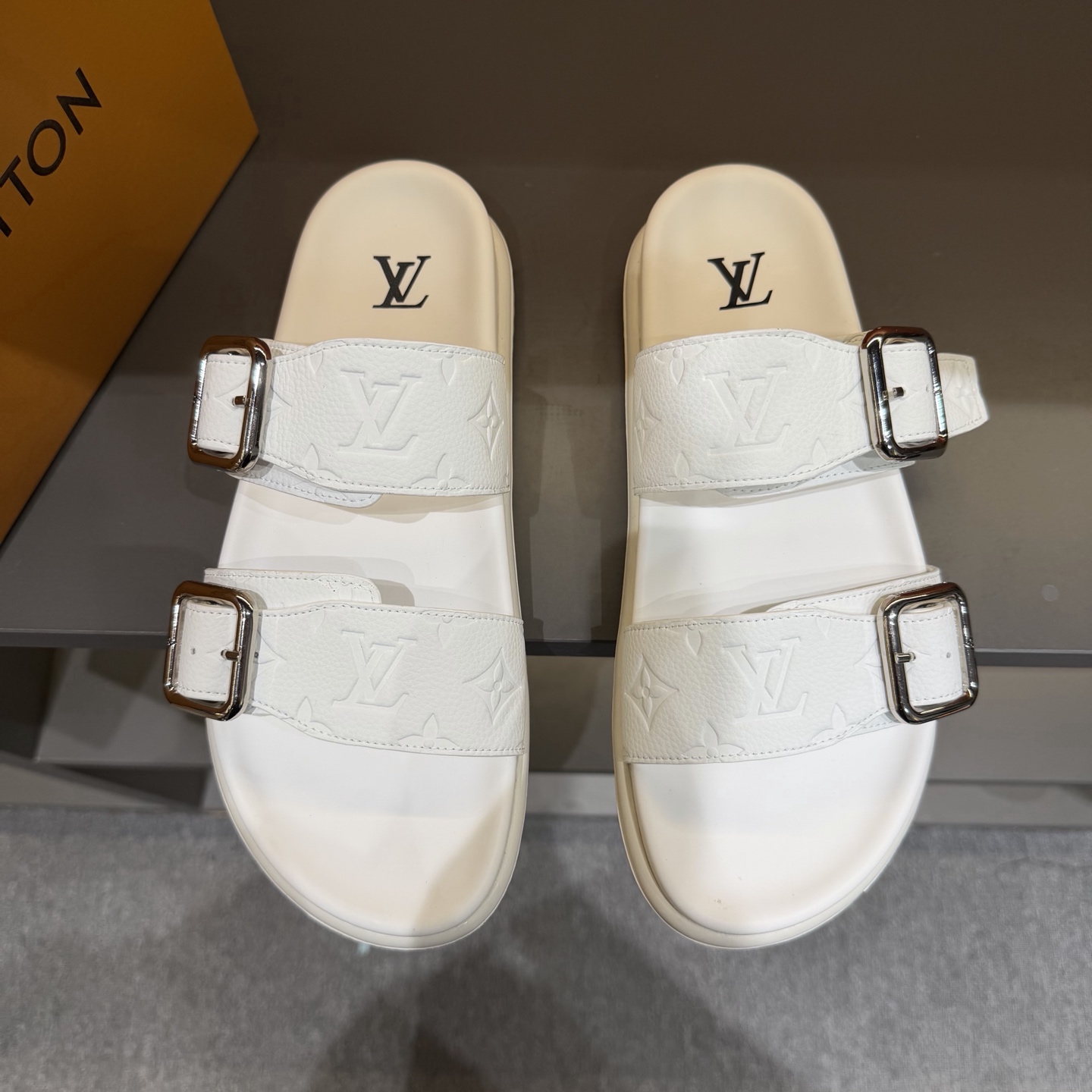 LV White Monogram Double-Buckle Slide Sandals