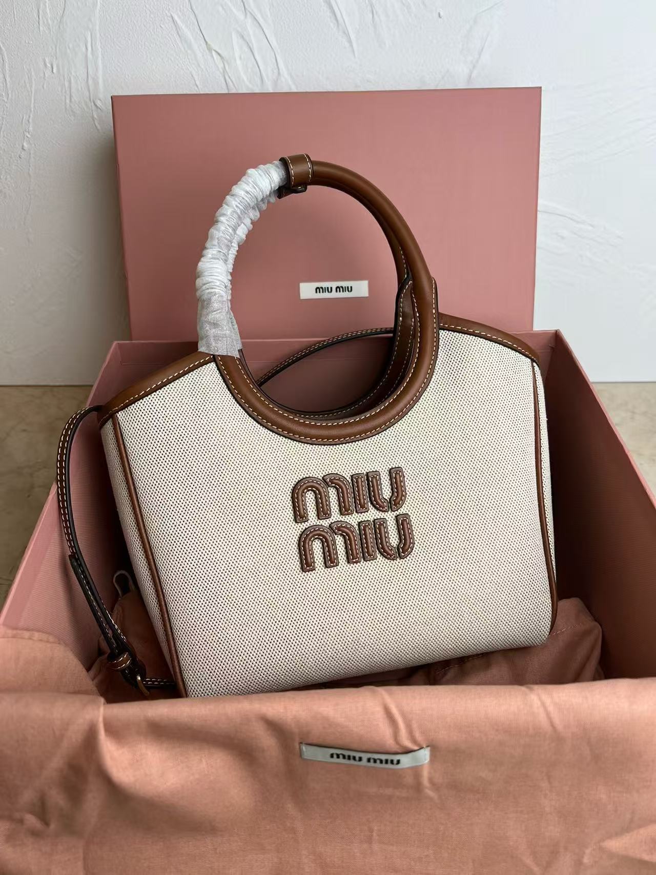 Miu Miu Canvas and Brown Trim Top-Handle Bag