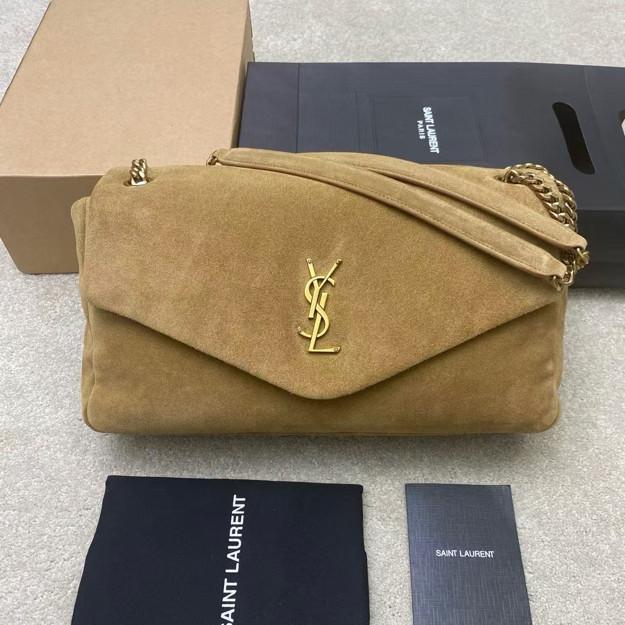 Saint Laurent-Style Envelope Shoulder Bag - Tan Suede
