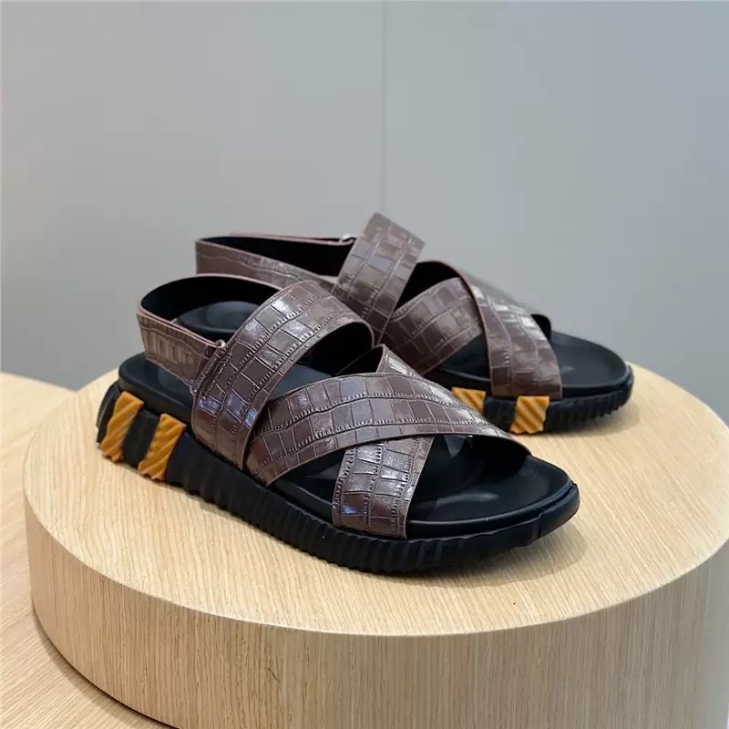 Brown Crocodile-Embossed Cross-Strap Sandals