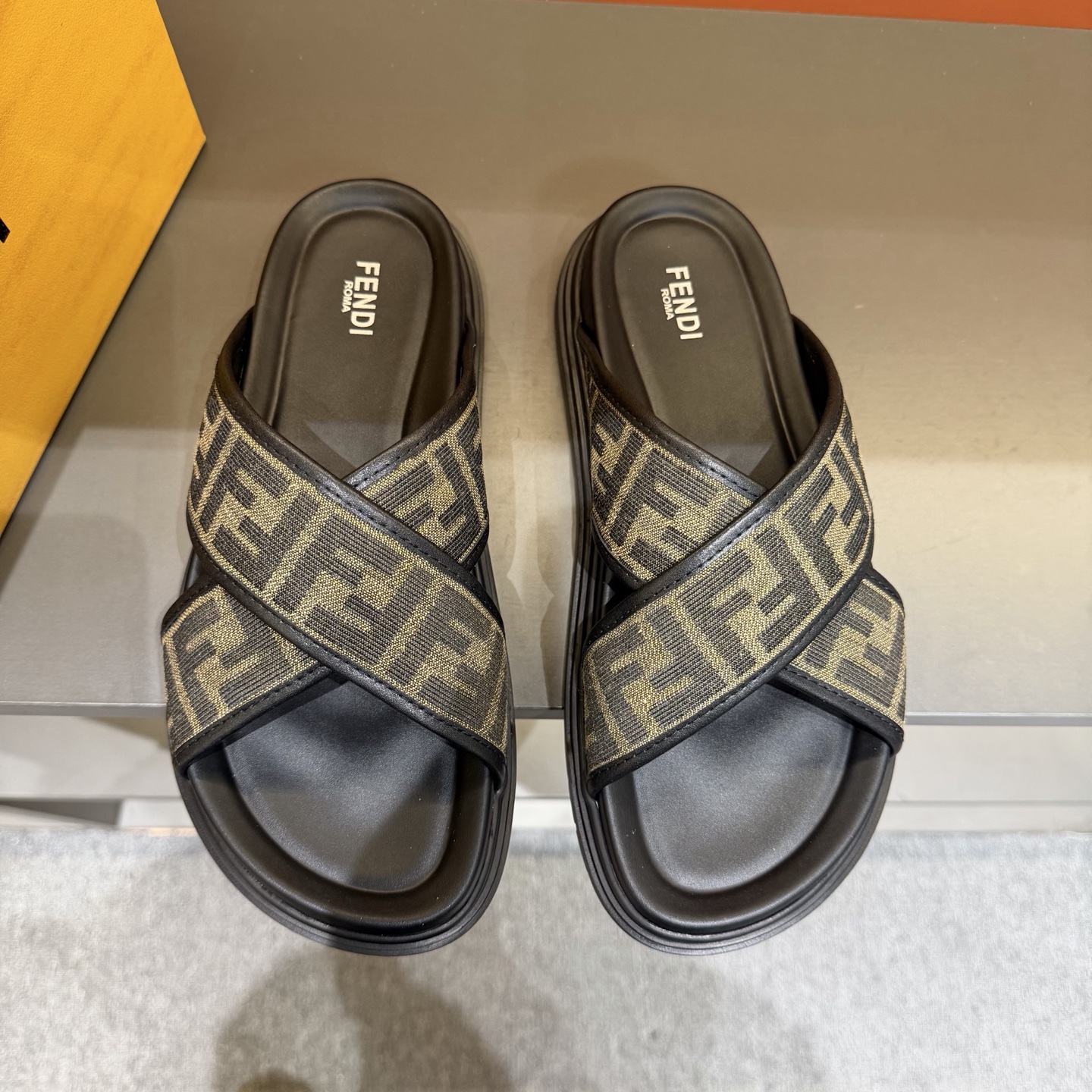 FENDI Brown Monogram Cross-Strap Slide Sandals