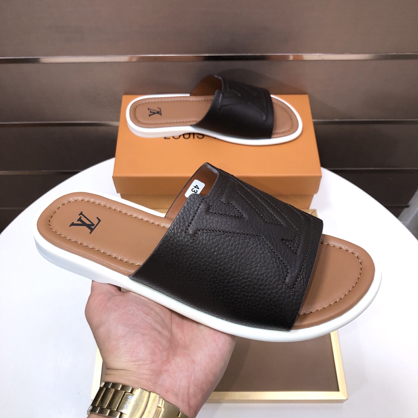 LV Stitched Leather Slide Sandals