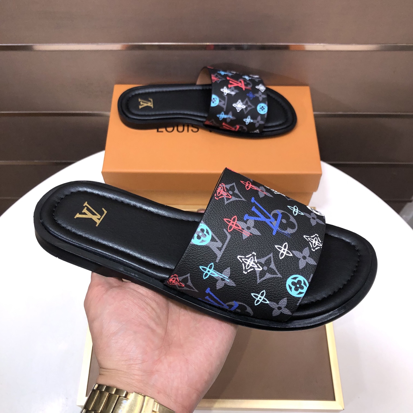 LV Multicolor Monogram Black Slide Sandals