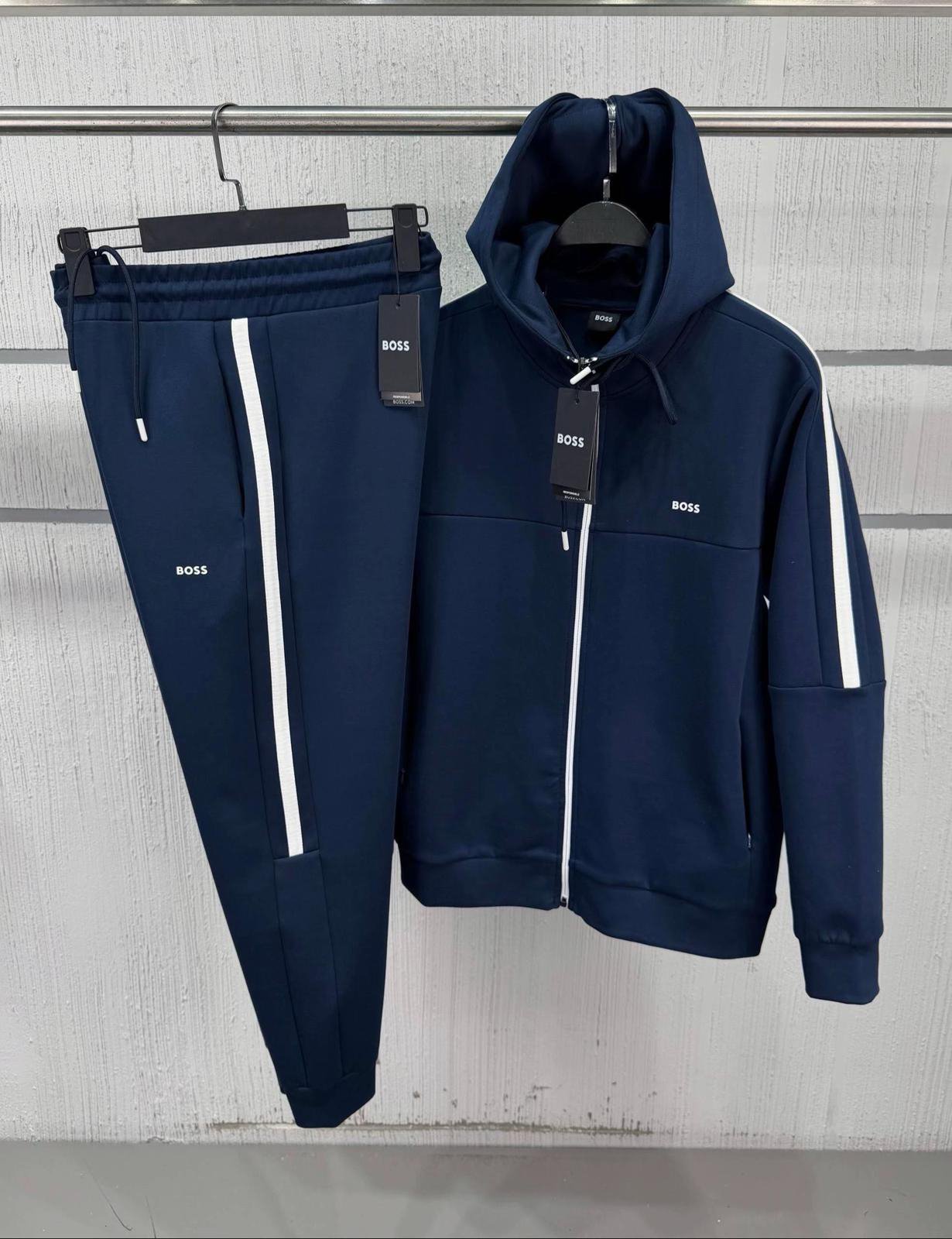 BOSS Navy Full-Zip Hooded Tracksuit with White Stripes