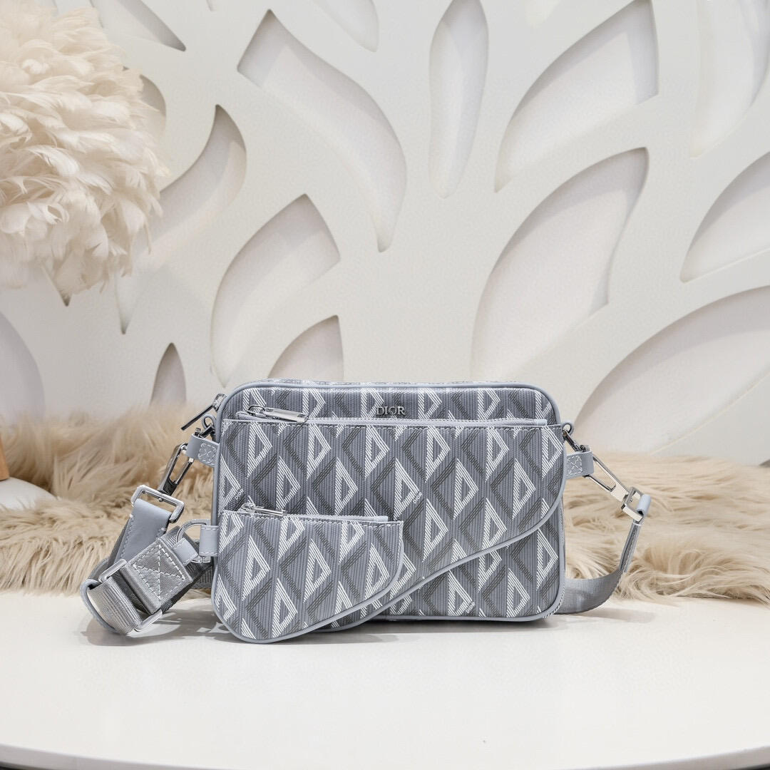 DIOR Light Gray Geometric Camera Crossbody Bag with Pouch