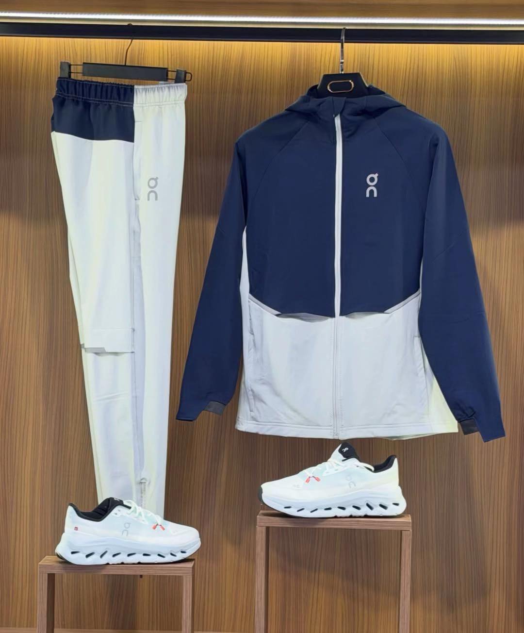On Navy and White Hooded Tracksuit and White Running Shoes Set