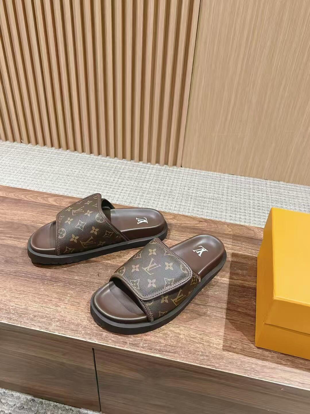 Brown Monogram Print Slide Sandals