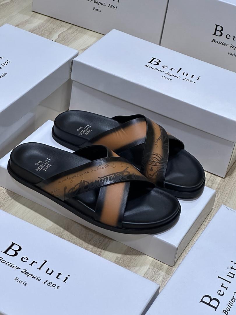 Berluti Graphic Cross-Strap Slide Sandals