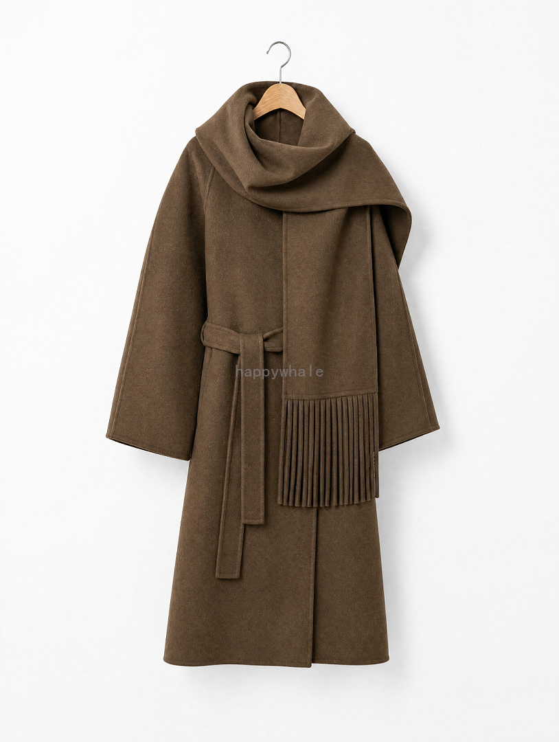 Belted Scarf Collar Long Coat