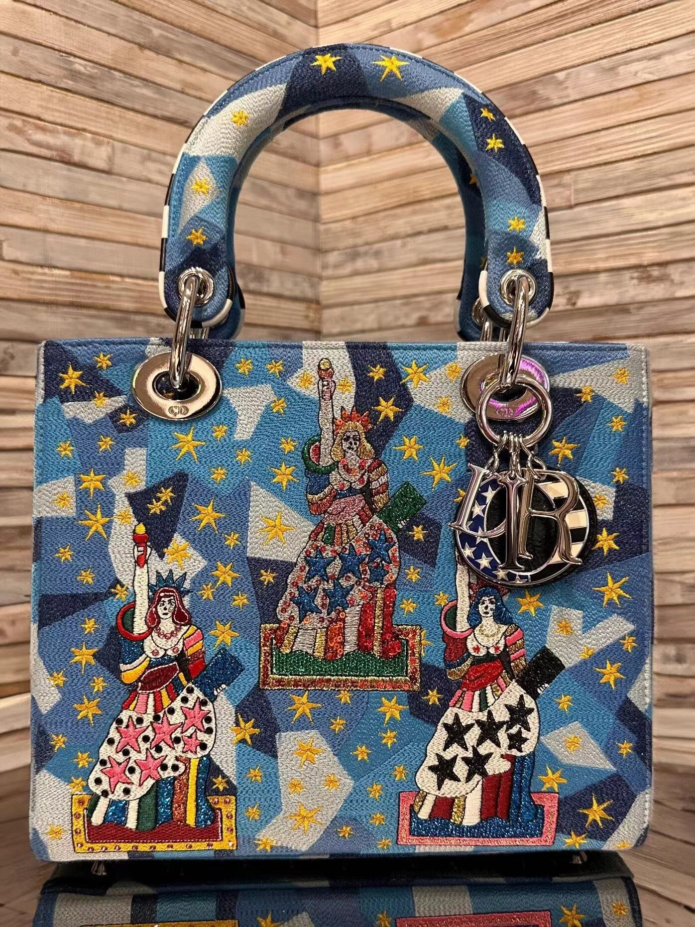 Blue Embroidered Star and Figure Top-Handle Handbag