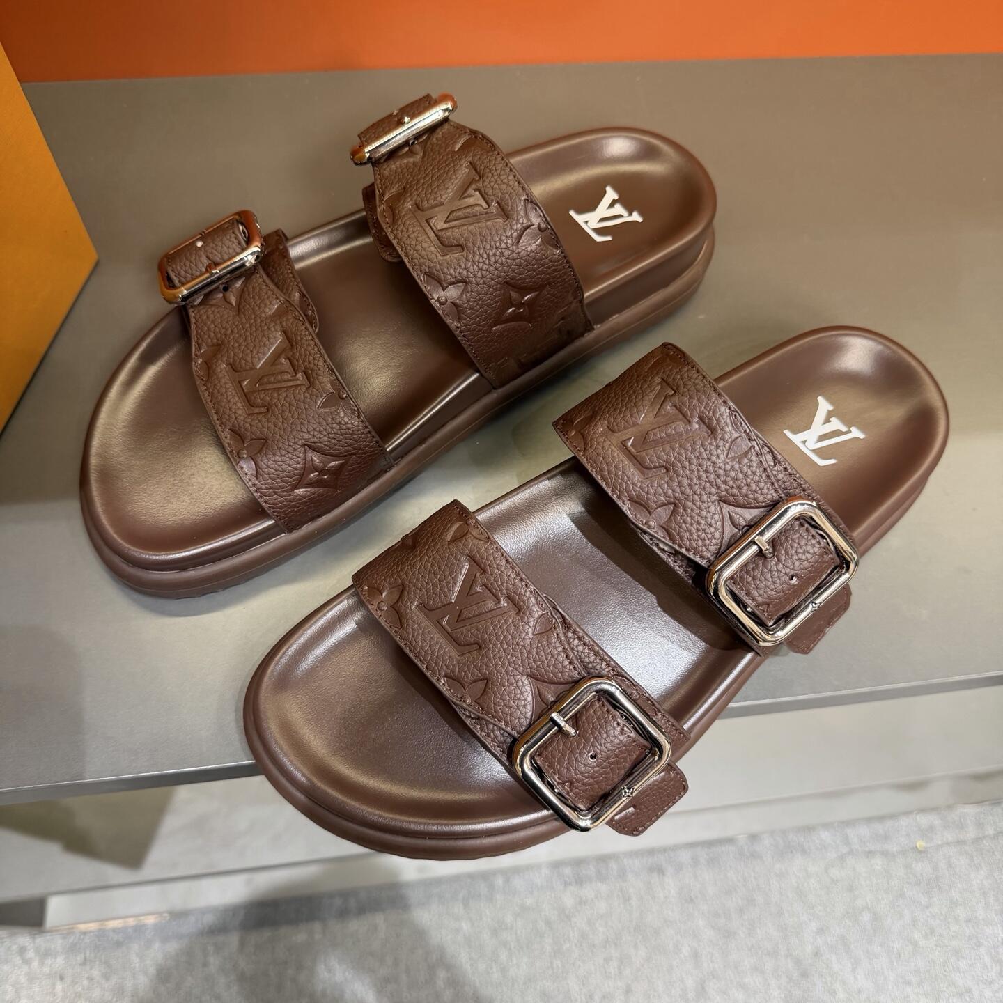 Dark Brown Embossed Monogram Buckle Slide Sandals