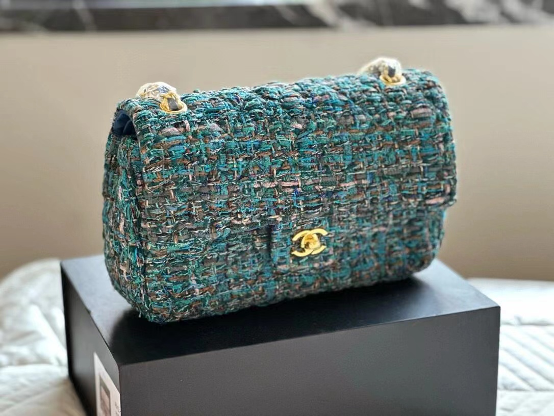 Teal Multicolor Tweed Flap Shoulder Bag