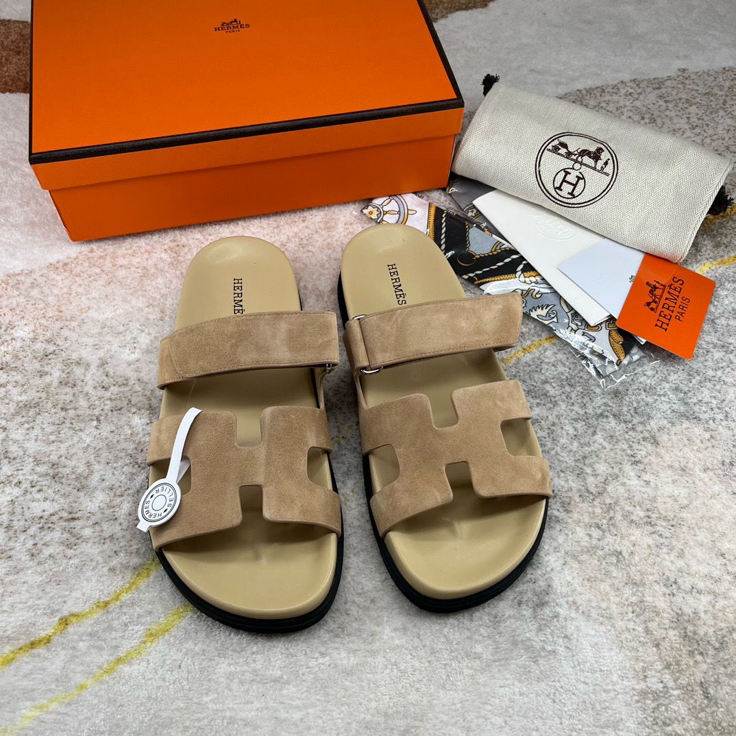 Hermès Suede H-Cutout Double-Strap Slide Sandals