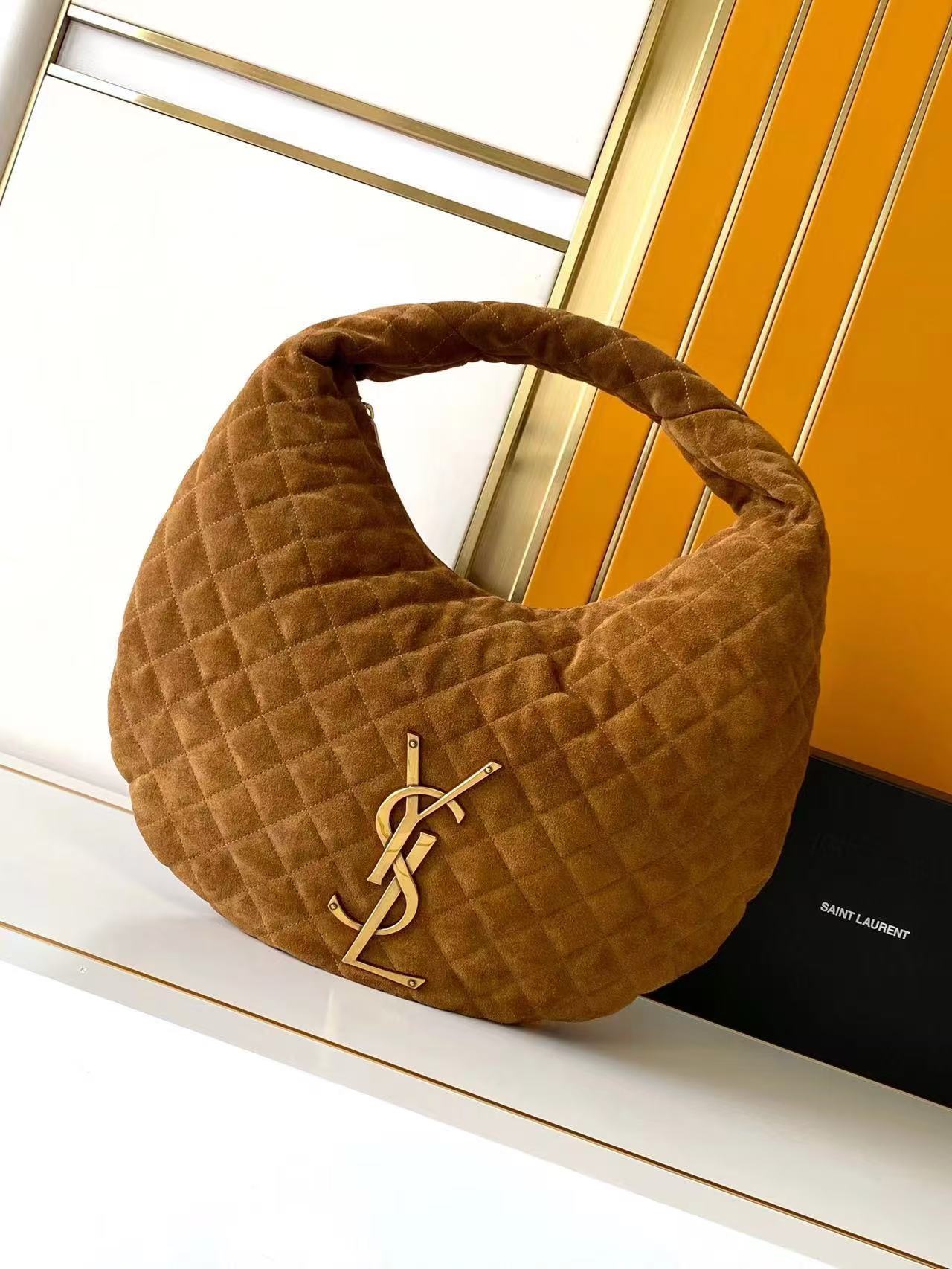 YSL Large Brown Quilted Suede-Texture Hobo Bag