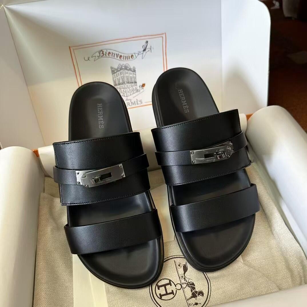 Hermès Black Triple-Strap Slide Sandals