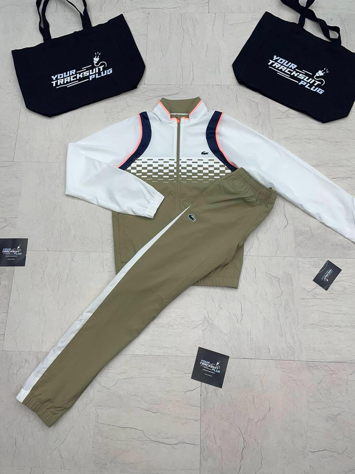 Lacoste Khaki and White Stand-Collar Tracksuit