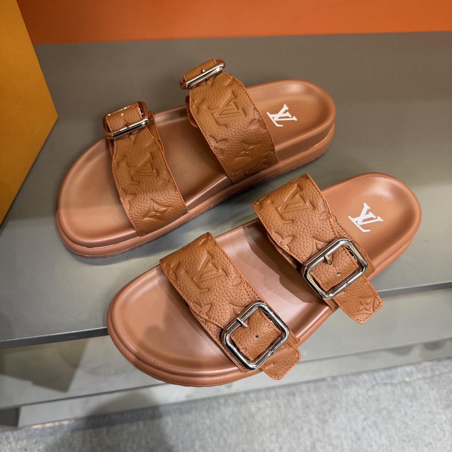 Tan Embossed Monogram Buckle Slide Sandals