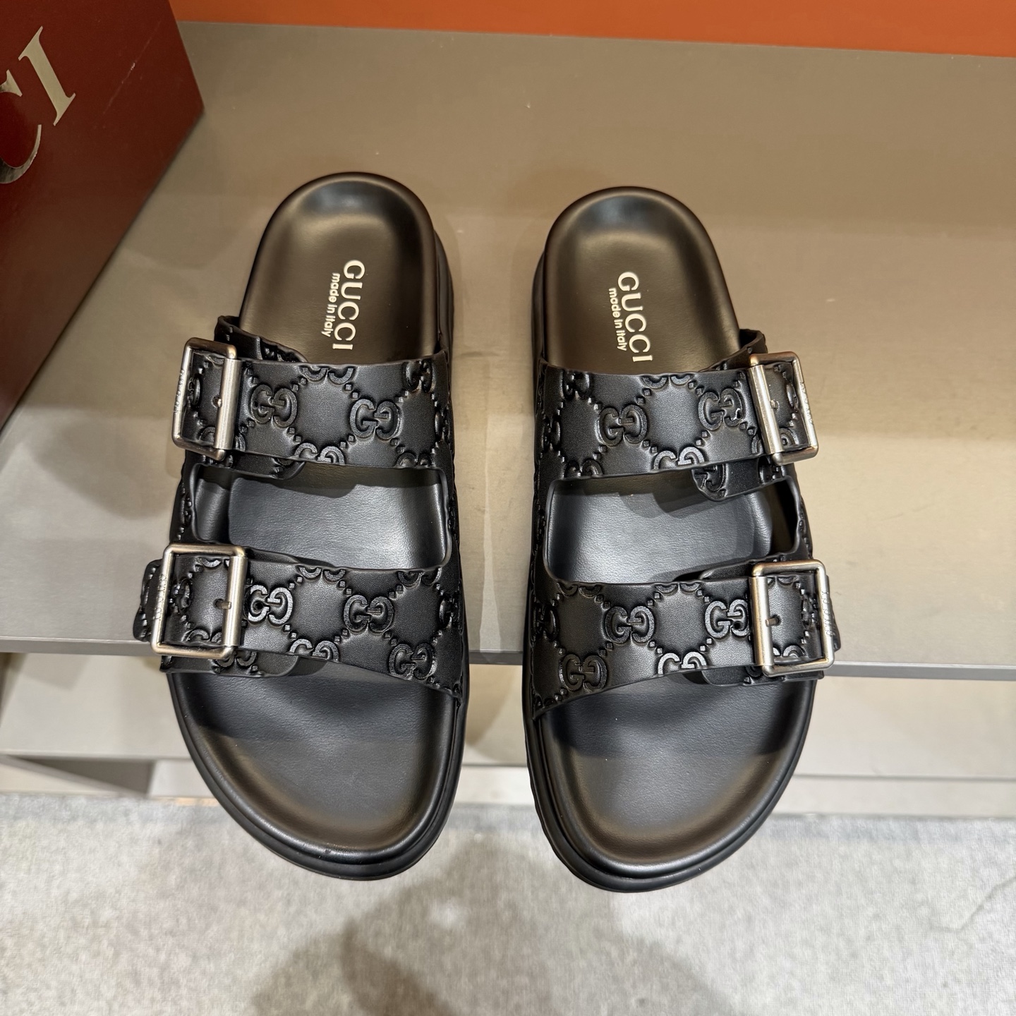 GUCCI Embossed Monogram Double-Buckle Slide Sandals