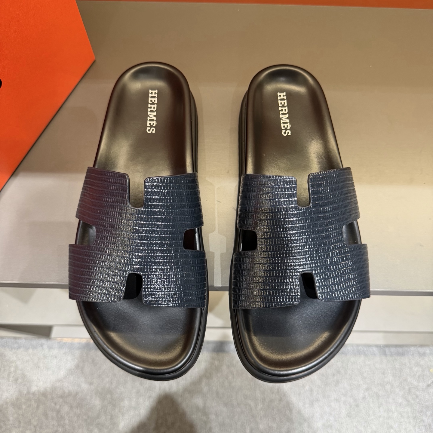Hermès Navy Textured H Slide Sandals