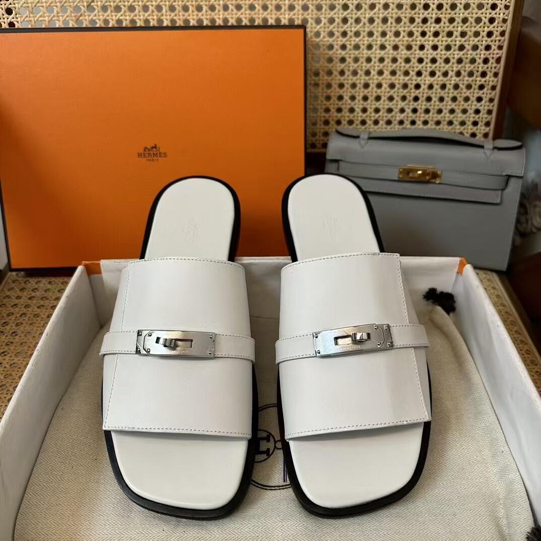 Hermès White Leather Slide Sandals