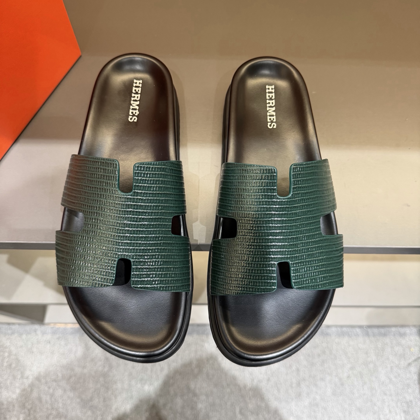 Hermès Green Textured H Slide Sandals