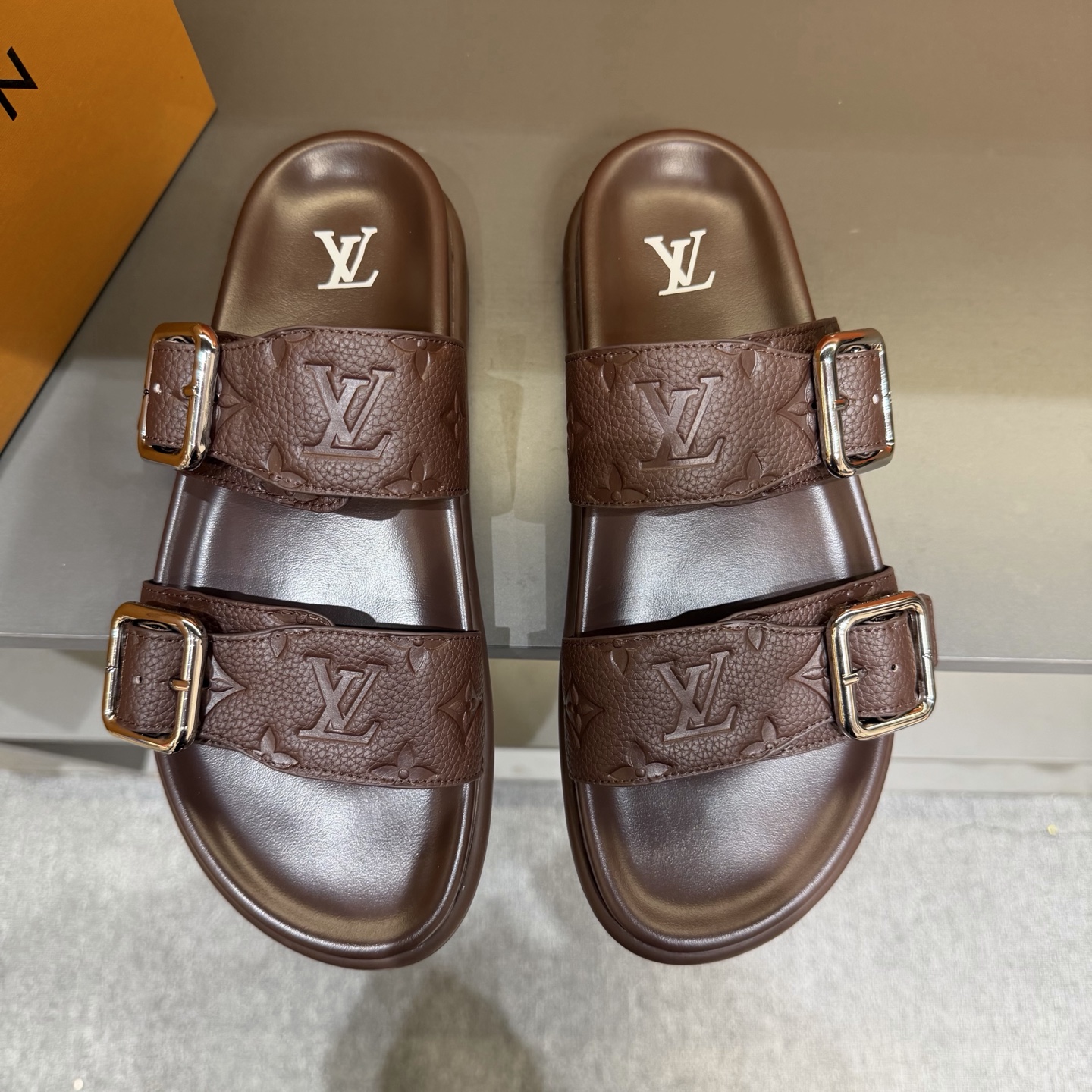 LV Brown Embossed Monogram Double-Buckle Slide Sandals