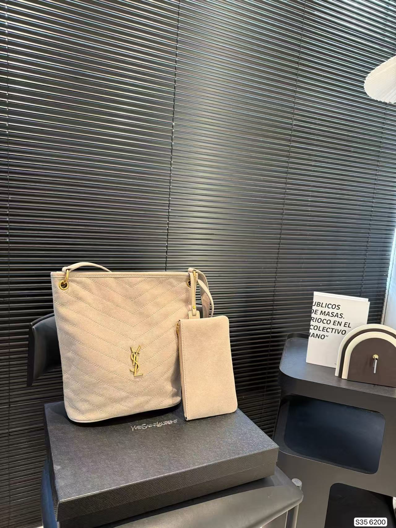 Saint Laurent Beige Chevron Bucket Bag