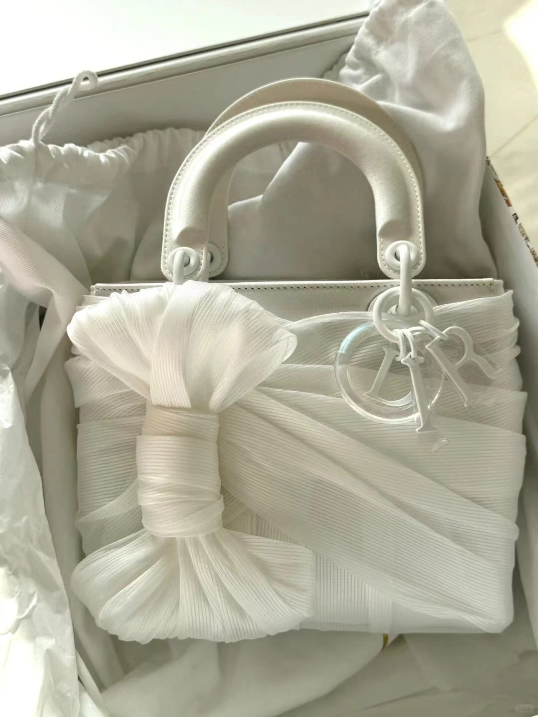 White Draped Bow Mini Top-Handle Bag