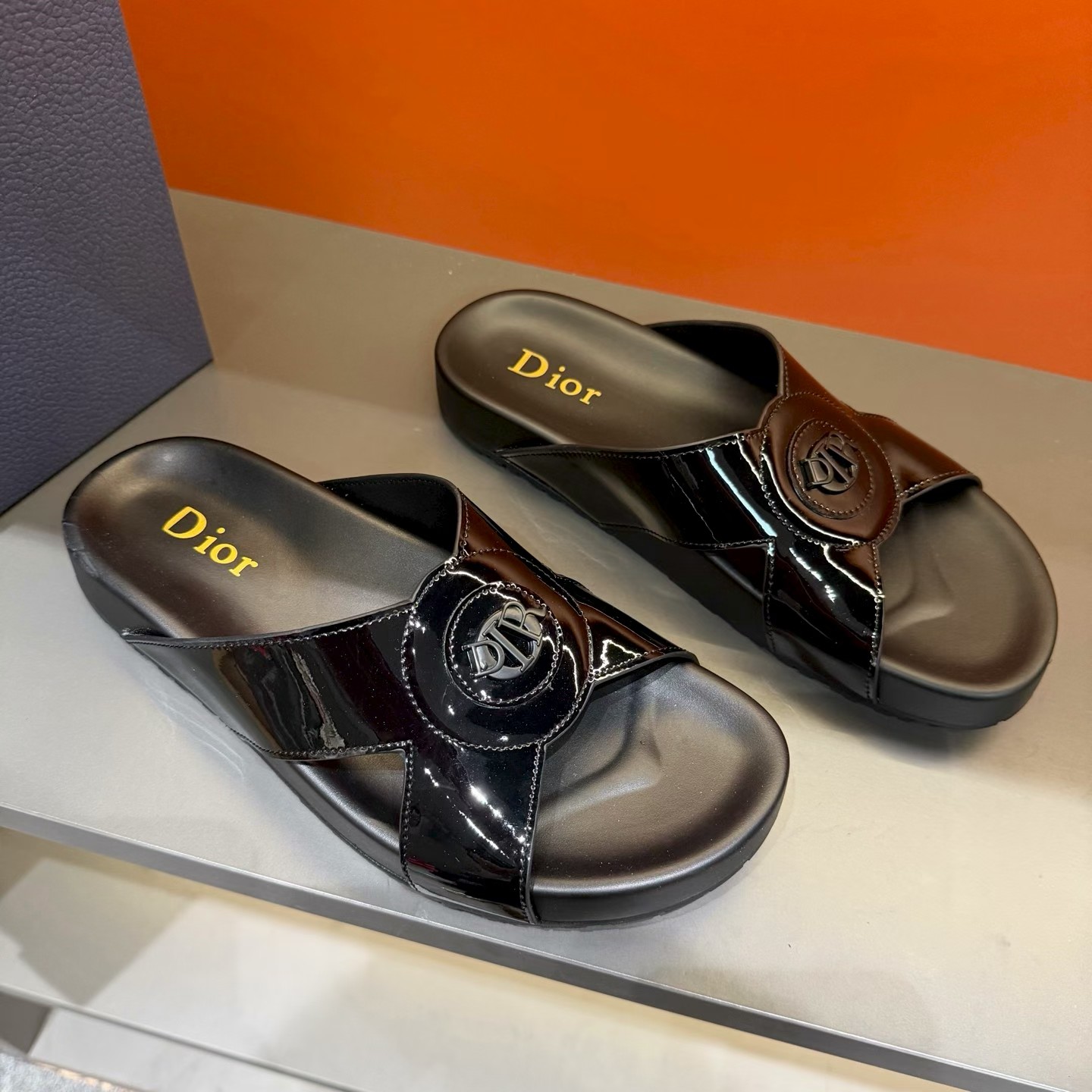 Dior Patent Logo Cross-Strap Slide Sandals