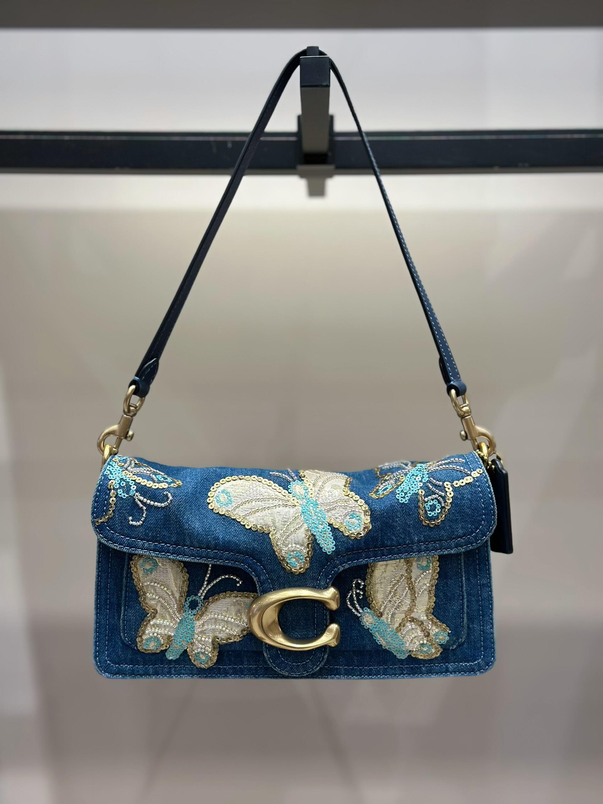 Butterfly-Embroidered Denim Shoulder Bag