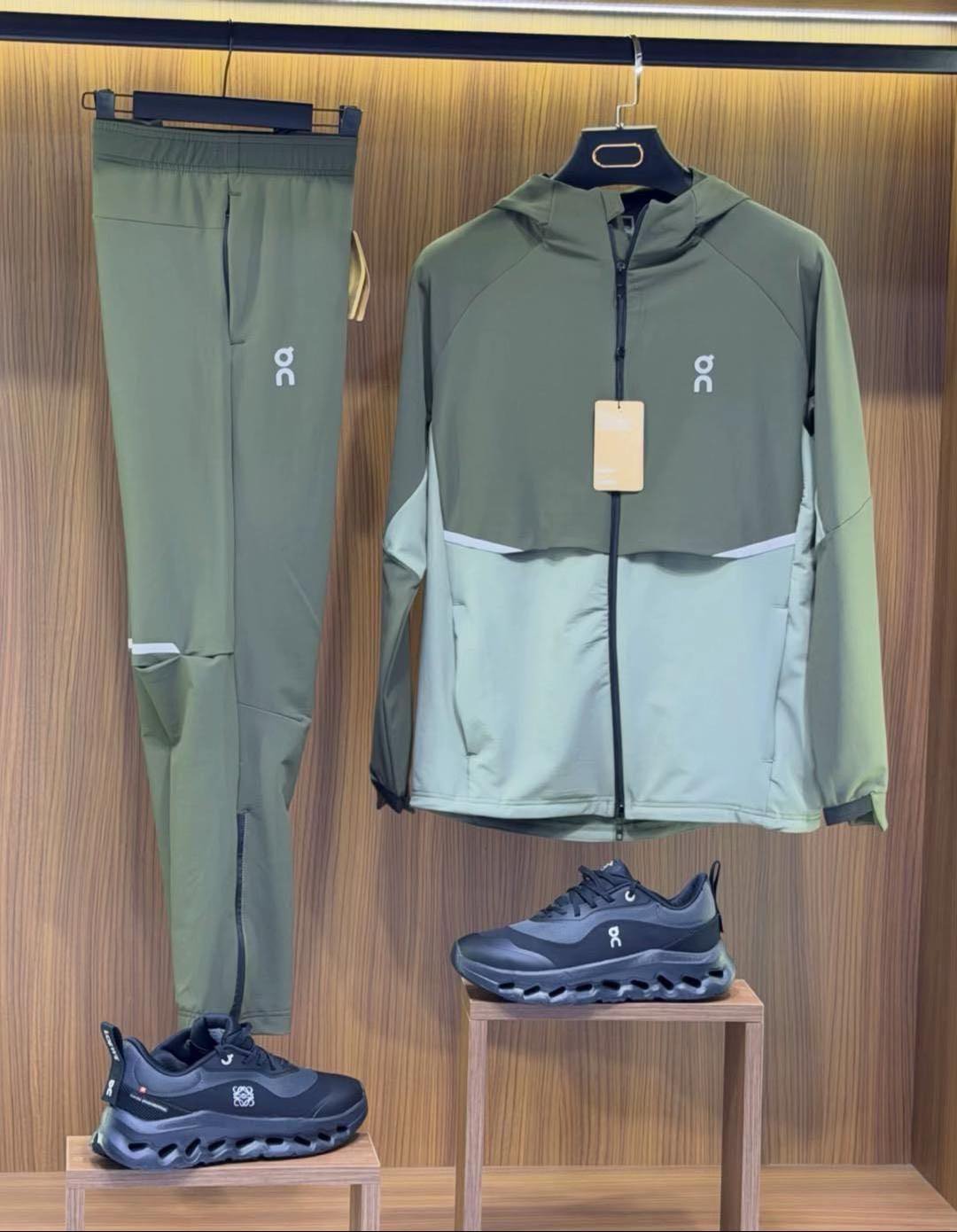 On Olive Color-Block Hooded Tracksuit and Black Running Shoes Set