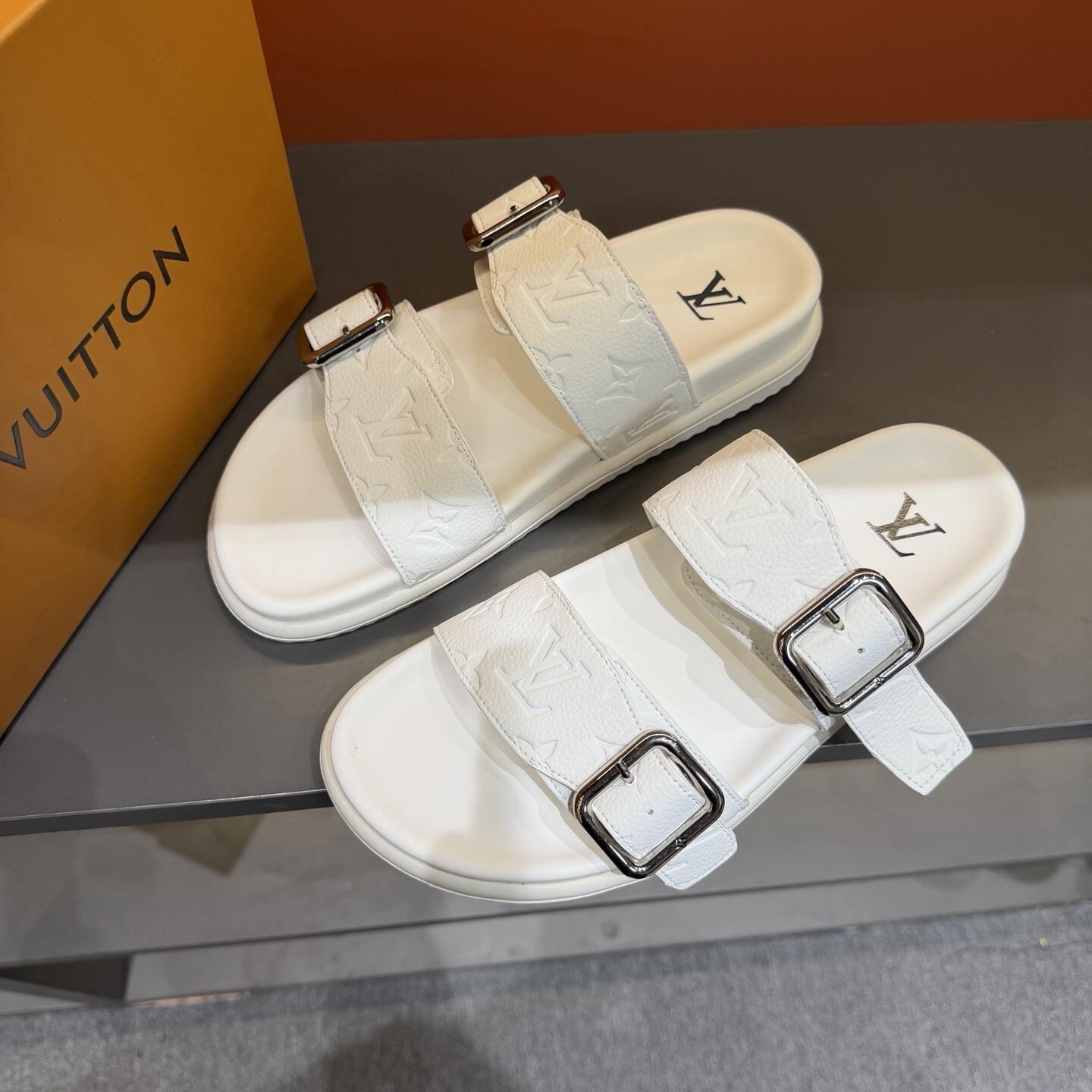 White Embossed Monogram Buckle Slide Sandals