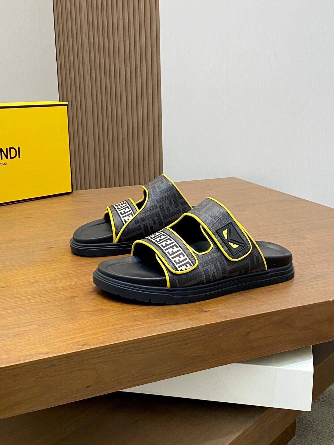 FENDI Black and Yellow Two-Strap Slide Sandals
