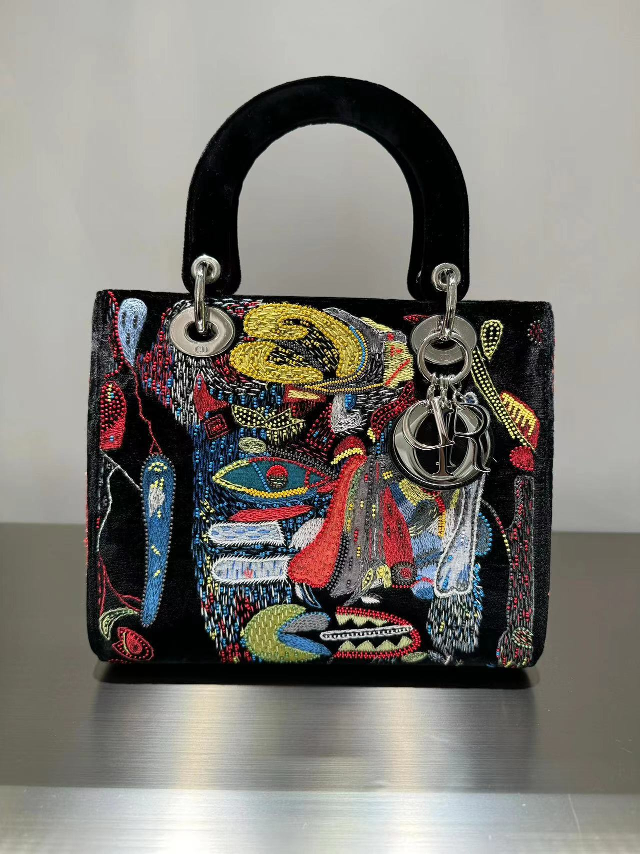 Embroidered Abstract Face Top-Handle Bag