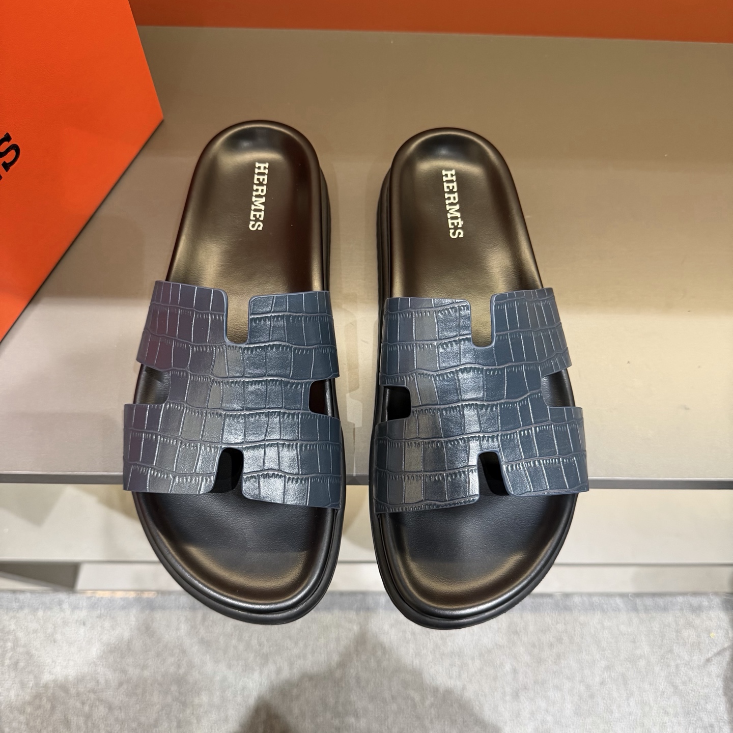 Hermès Blue Crocodile-Embossed H Slide Sandals