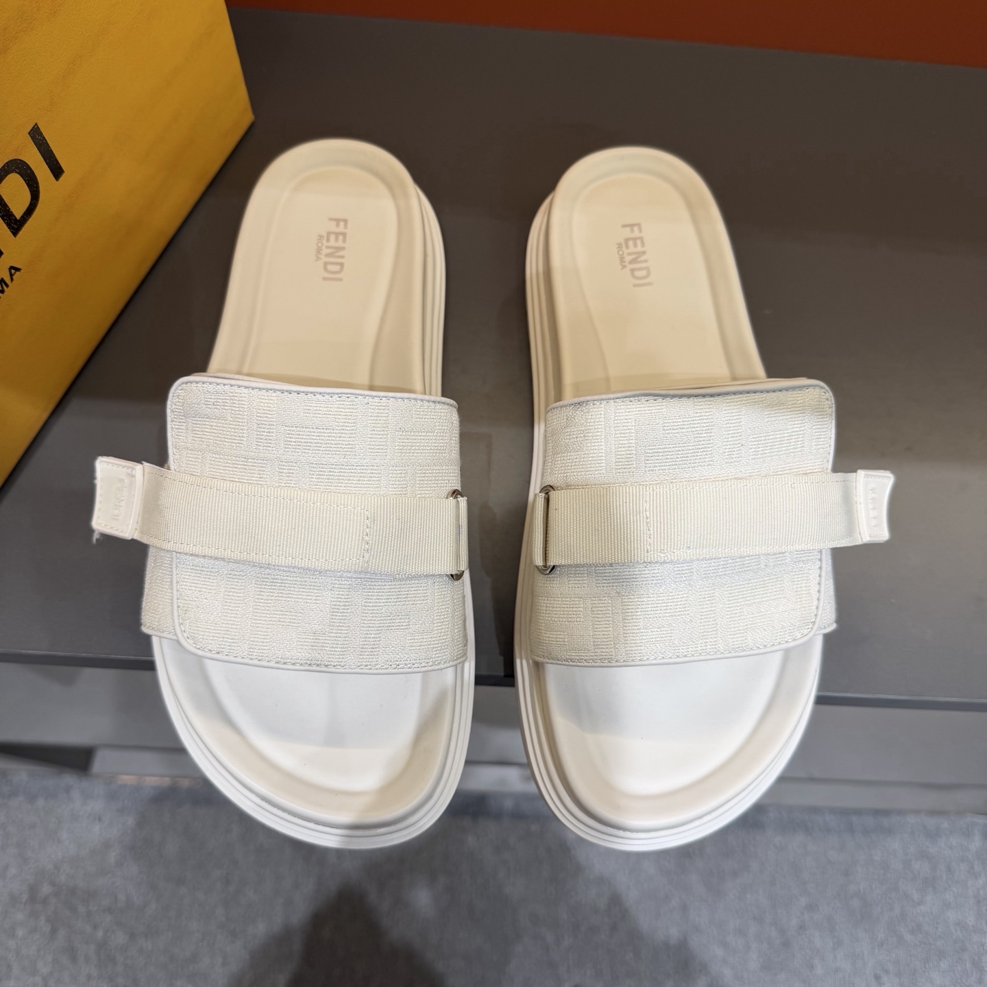 FENDI White Monogram Strap Slide Sandals