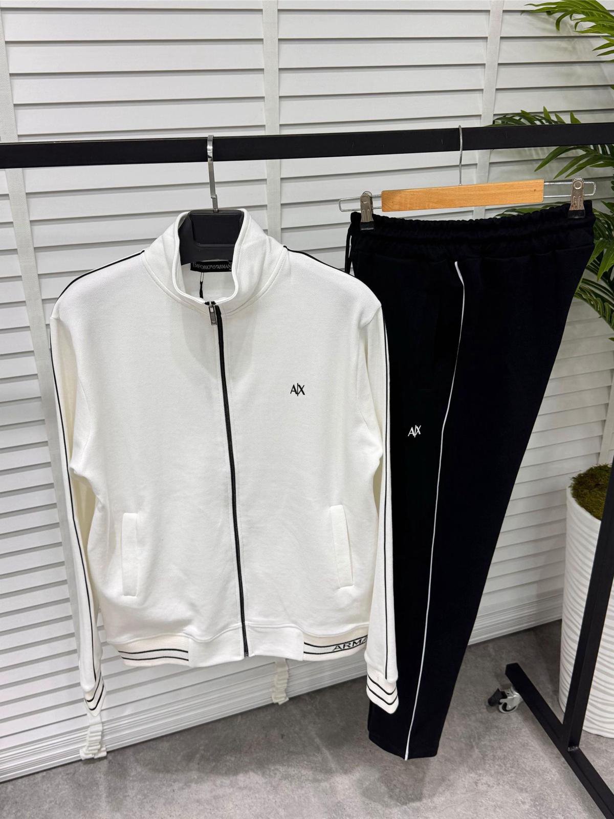 A|X White and Black Piped Track Jacket and Pants Set