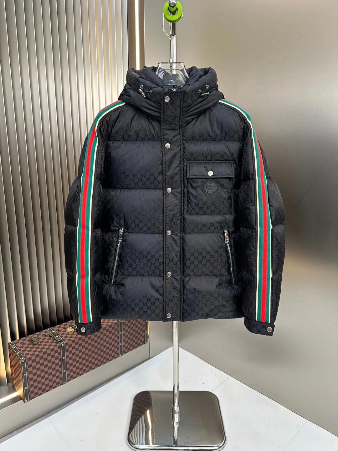 Black Monogram Stripe-Sleeve Hooded Puffer Jacket