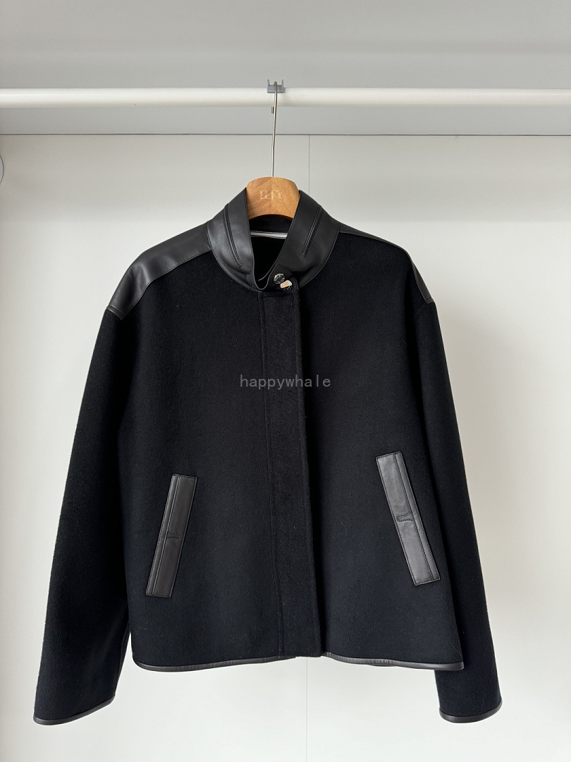 Black Leather Trim Wool Jacket