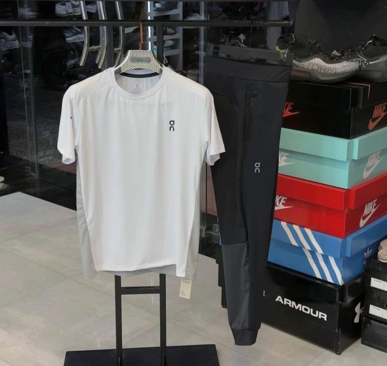 On Running White T-Shirt and Black Jogger Set