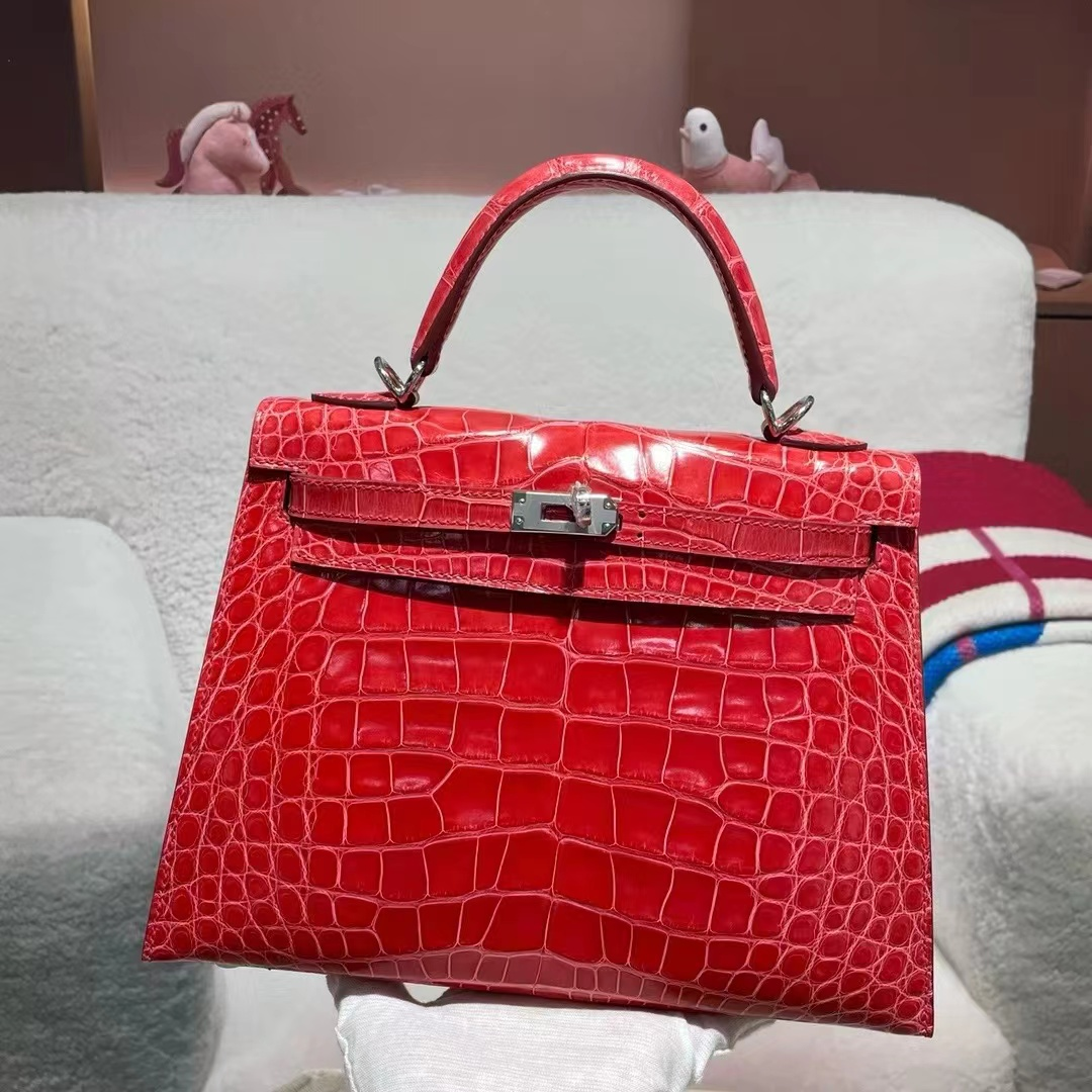 Red Crocodile-Embossed Top-Handle Handbag