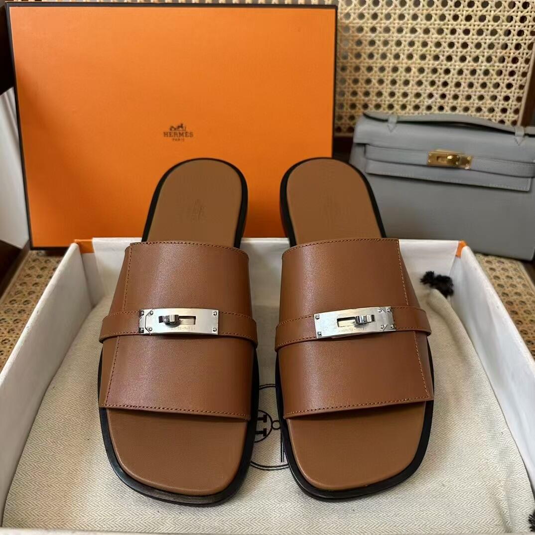 Hermès Brown Leather Slide Sandals