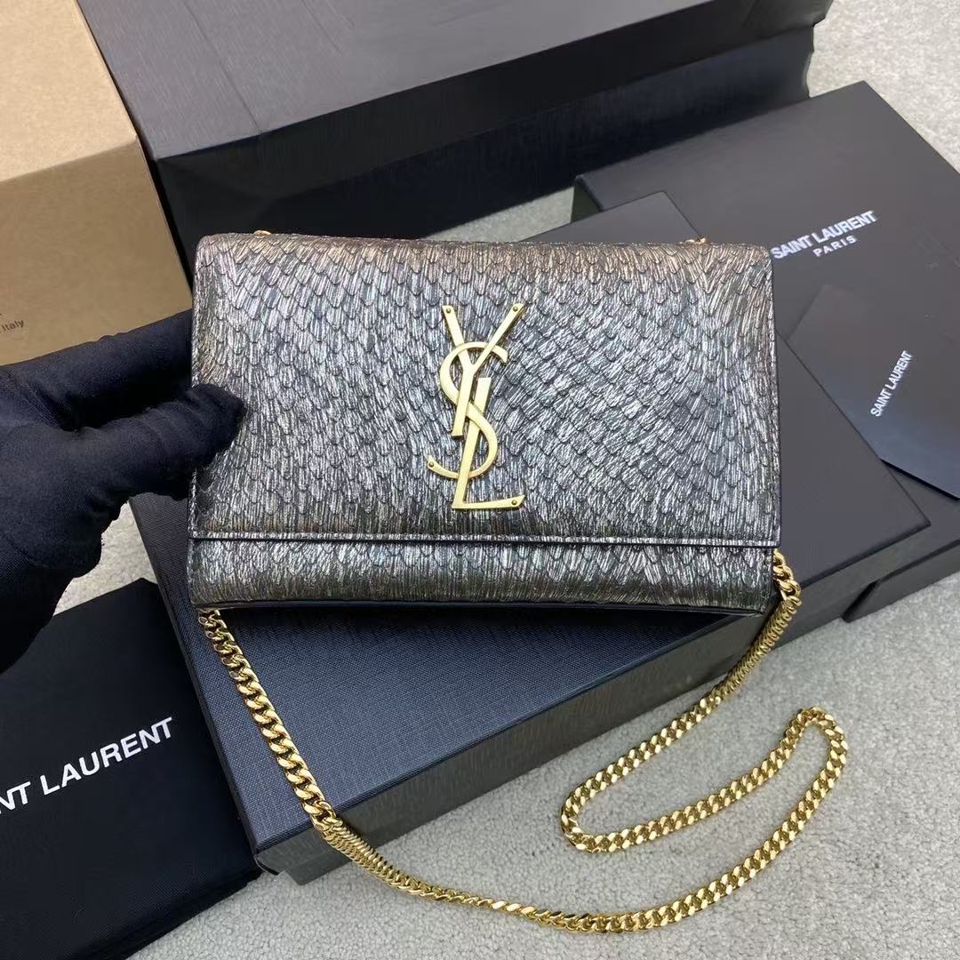 Saint Laurent YSL Metallic Textured Chain Shoulder Bag with Gold-Tone Hardware
