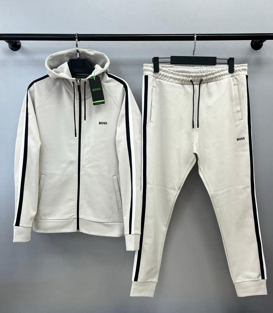 BOSS White Hooded Tracksuit with Black Side Stripes