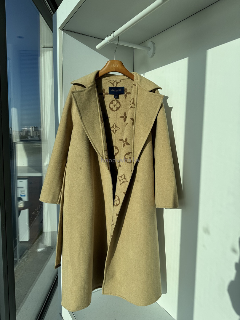 Camel Monogram-Lined Wrap Coat
